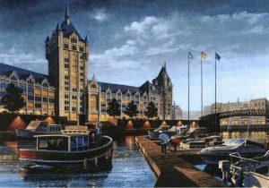 a painting by Len Tantillo envisions the marina in front of the D&H Building in the evening