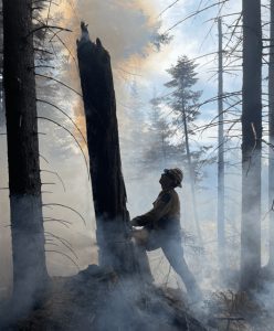Forest Ranger fights a wildfire in Canada Lakes Wilderness in September 2025